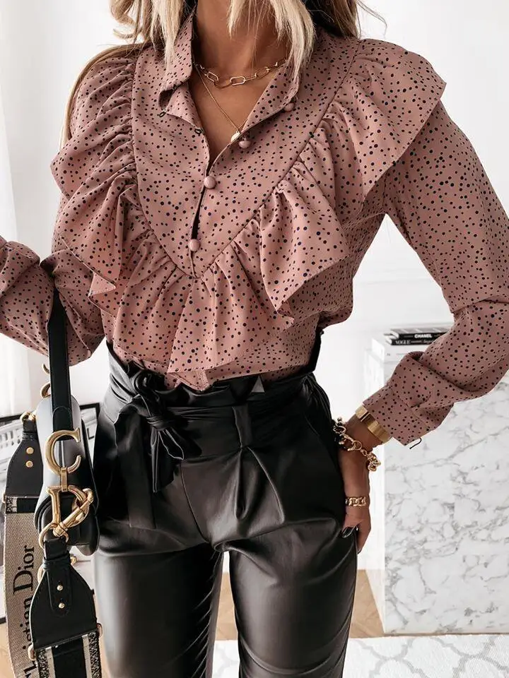 

2020 Autumn Women Leopard Print Ruffles Blouses Shirt Long Sleeve Work Shirt Lady Elegant Loose Office Blouses Tops