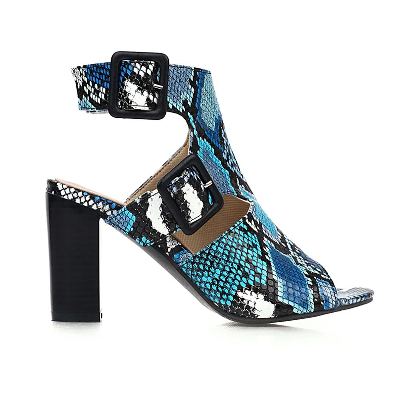 Женские ботинки со змеиным принтом Phoentin летние с открытым носком и пряжкой на