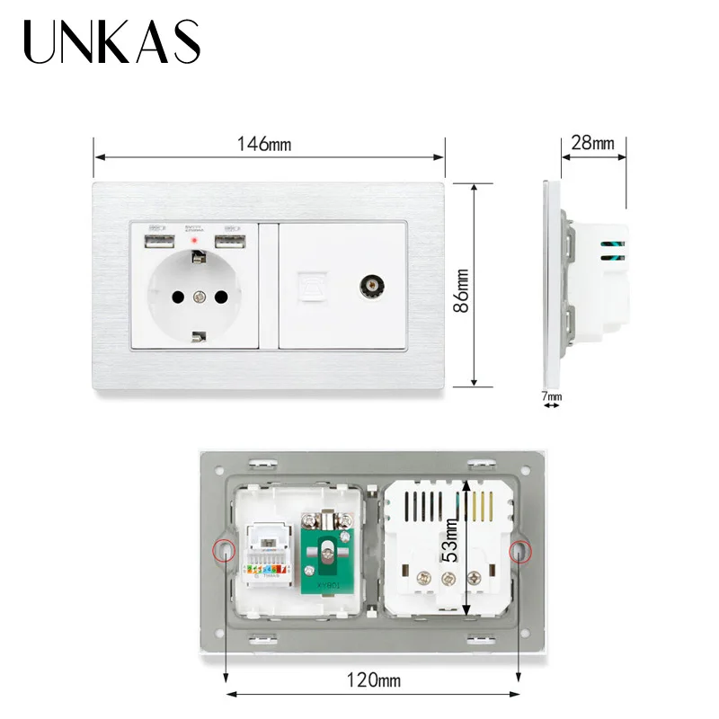 UNKAS Алюминий Панель Европейская Сетевая розетка с двумя портами USB зарядка Порты