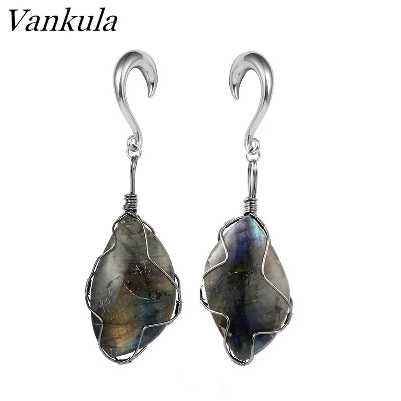 steel Vankula 316L Stainless Steel Ear Plug Tunnels Body Piercing Ear Gauges Expander Natural Stone Ear Weights Pair Selling - Окраска металла: steel