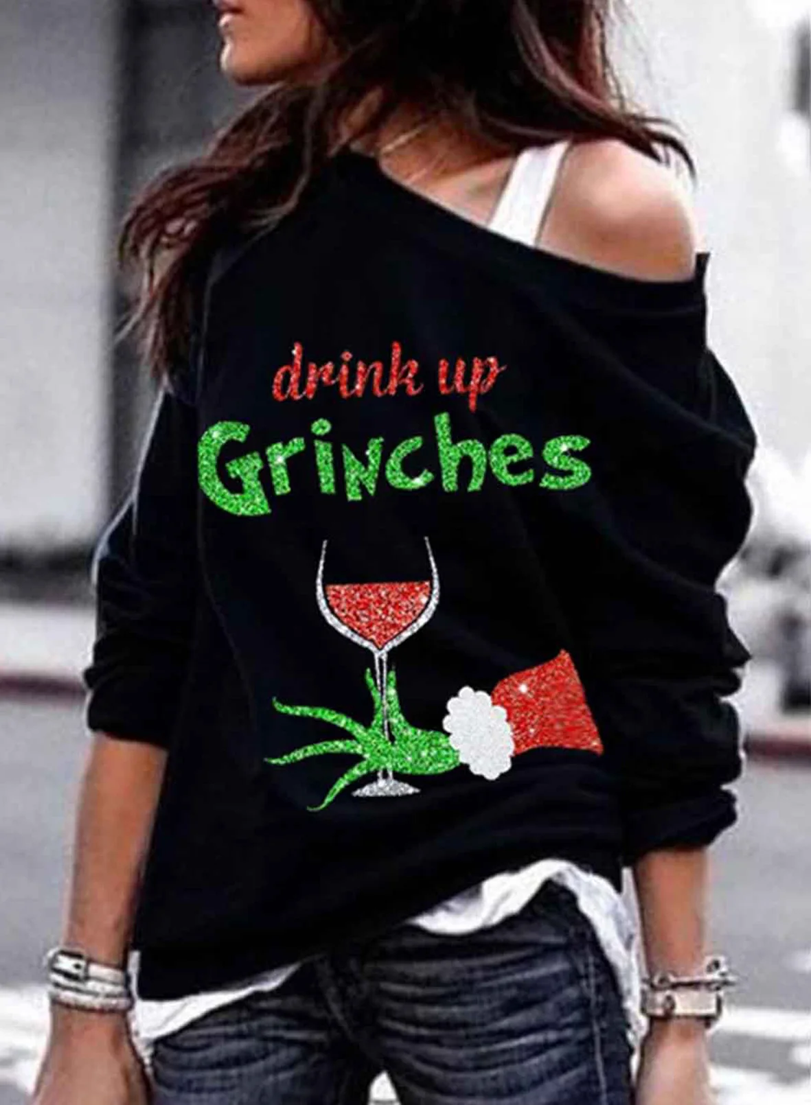 

Модный Рождественский Новый свитшот для женщин с блестками с буквенным принтом повседневные женские толстовки с круглым вырезом Женские т...