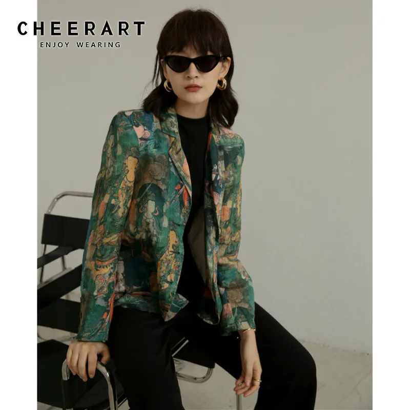 Женские блейзеры и куртки с принтом зеленого Будды Cheerart, модные женские блейзеры с длинным рукавом, пальто, осенняя одежда