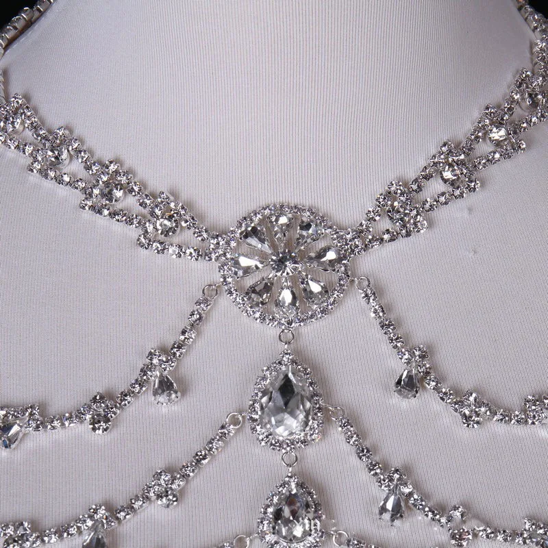 

Luxury zircon crystal big necklace full handmade shoulder chain wedding dress shawl high-end custom bride and woman jewelry