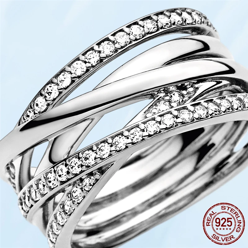

2021 New 925 Sterling Silver Pan Ring Sparkling & Polished Lines Finger Ring for Women Wedding Engagement Jewelry Gift