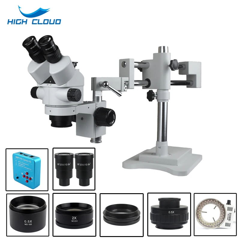 

3.5X 90X 180X Simul-Focal Double Boom Stand Trinocular Stereo Zoom Microscope 38MP 2K HDMI USB Camera 144 LED Light Microscopie