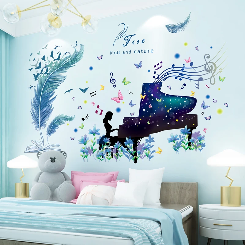 

[SHIJUEHEZI] Cartoon Feathers Wall Stickers DIY Girl Piano Wall Decals for House Living Room Kids Bedroom Nursery Decoration