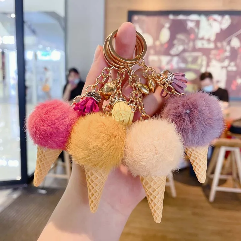 Creative plush ice cream key chain personalized tassel keychains cute pompom bag pendant car ring lovely girlfriends gift |