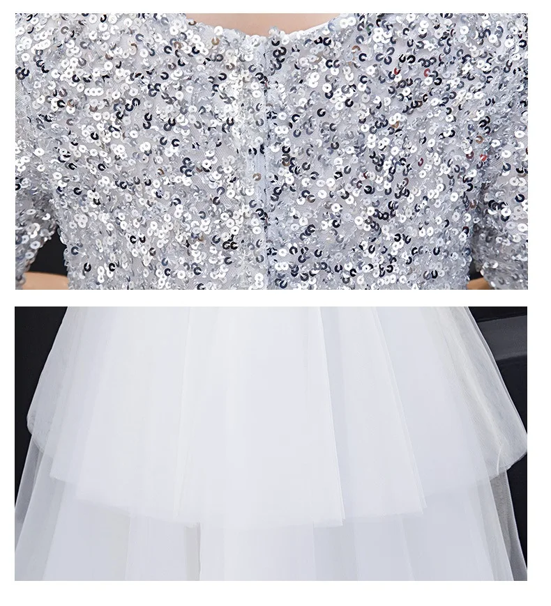

Girl Children Wedding Dress Silver sequins First Holy Communion Formal Half sleeve Princess Party Prom Dress for Girl 3-12yrs
