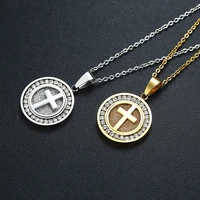 25mm cz cross pendant crystal disc stainless steel round charm necklace for men women jewelry
