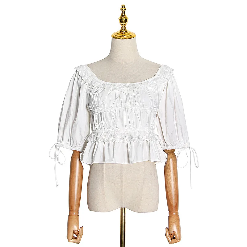 

Summer new retro tight stretch bubble sleeve pleated ruffled French square collar waist top