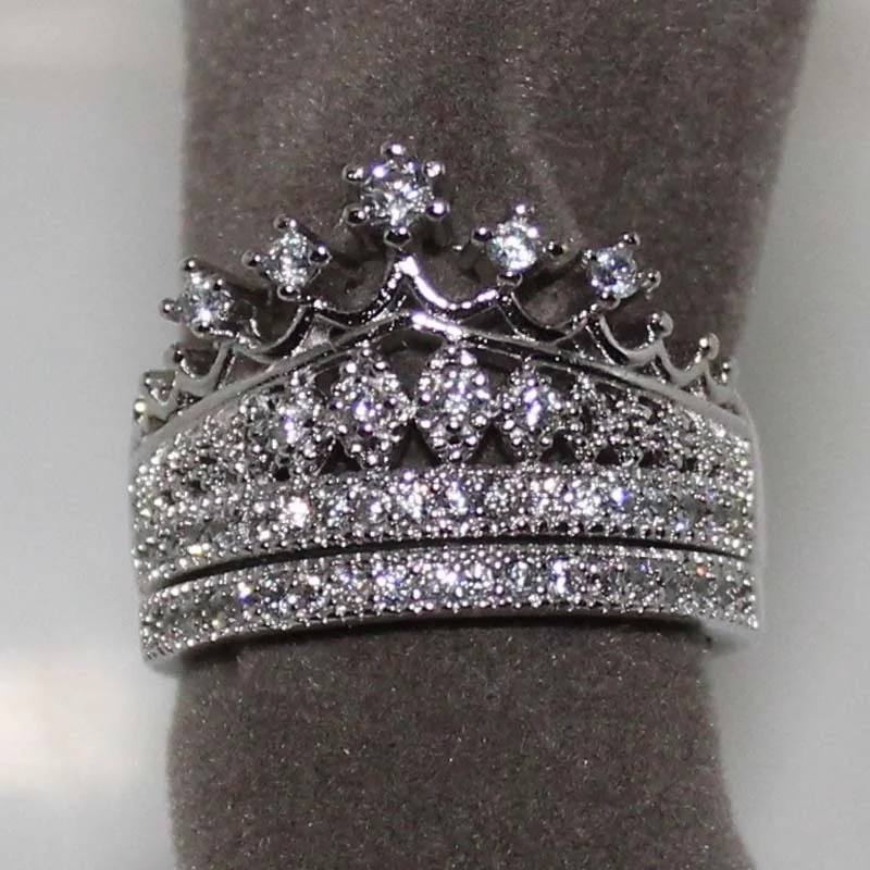 

2pcs/set Exquisite Womens Rings Set Fashion Crown Design Rhinestones Zircon Rings For Women Accessories Wedding Engagement Gift