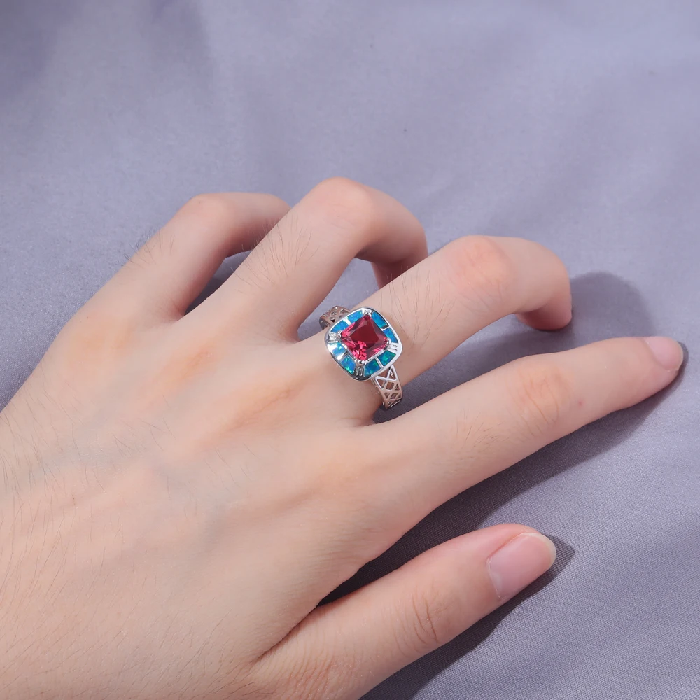 CiNily Created Blue Fire Opal Tourmaline Silver Plated Wholesale Square Shape for Women Jewelry Gift Ring Size 6-9 OJ9313 | Украшения и