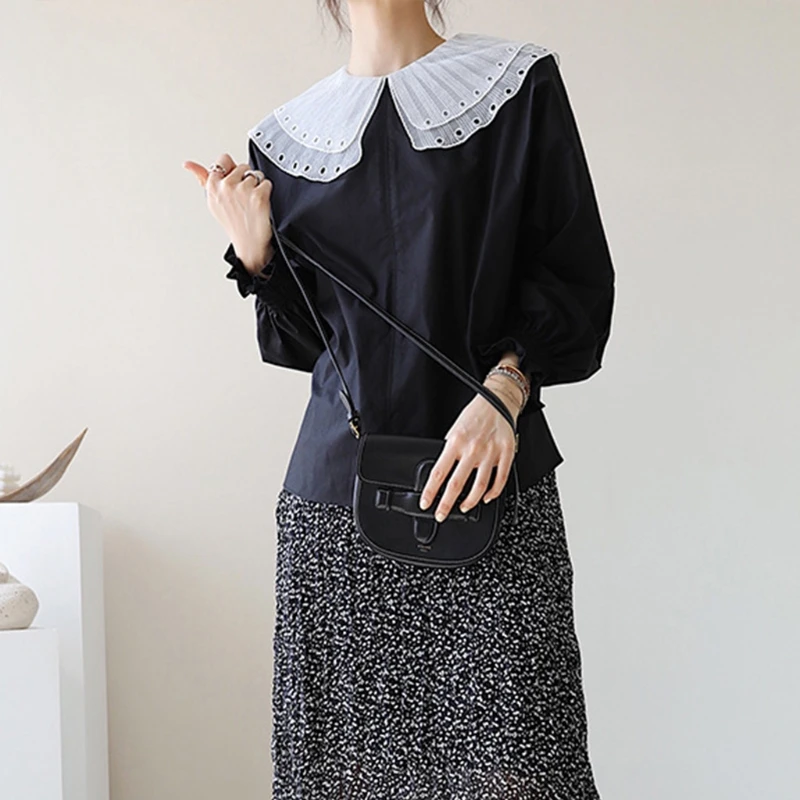 

Women Double Layer Large Lapel Fake Collar Ruffles Button Detachable Half Shirt U4LE