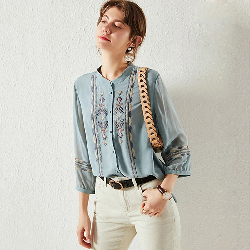 100% Silk Blouse Women Casual Style Vintage Embroidered Stand Neck Three Quarter Sleeve Top Elegant Shirt New Fashion