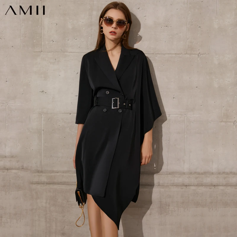Amii Minimalism Autumn Women's Dresses Elegant Half Sleeve Sashes Maxi Dress Office Lady Asymmetry Blazer Dress Women 12170079
