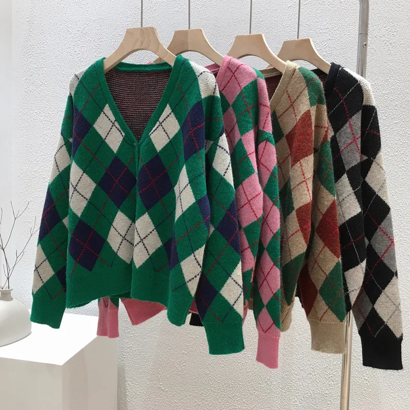 

Women Sweater Cardigan 2021 Autumn Loose V-Neck Knitted Diamond Grid Outerwear Young Korran Design Fashion