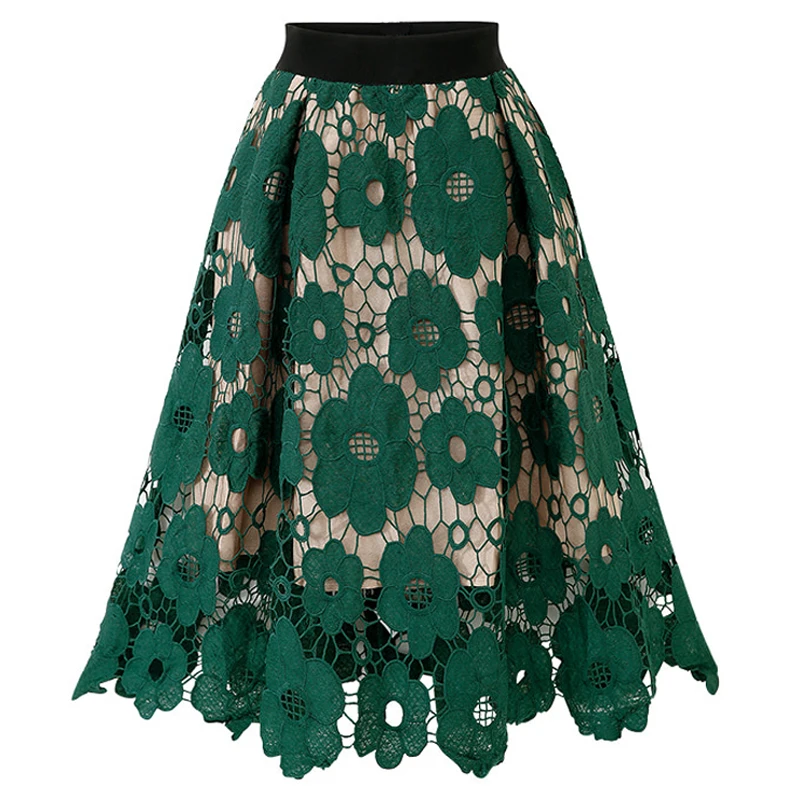 

Summer High Elastic Waist Lace Skirt Women Vintage Floral Crochet Hollow Ball Gown A-Line Skirt Casual Sexy Party Black Skirt