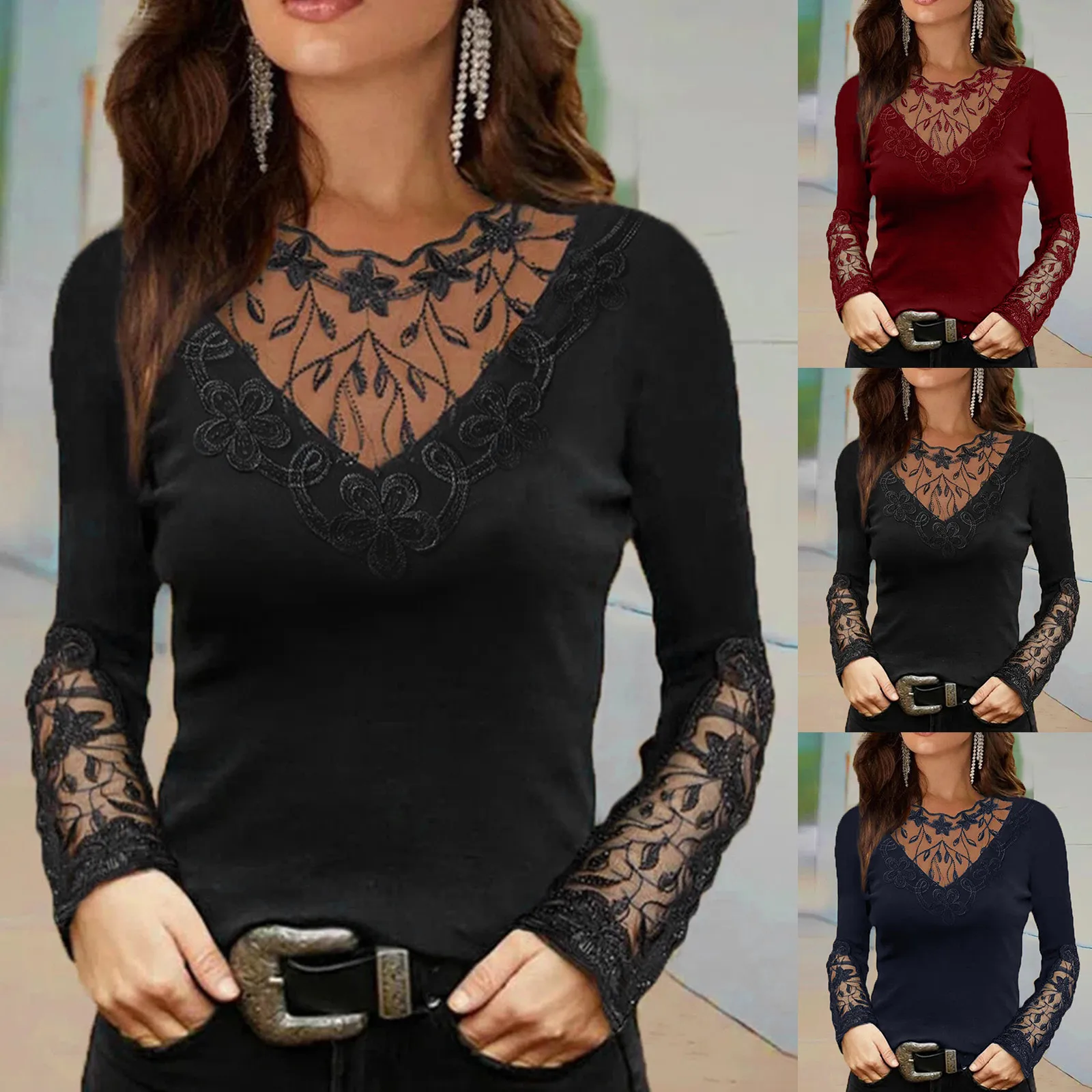

Fashion Lace Floral Blouse Shirt Casual Loose Sexy Tunic Tops Casual Summer Ladies Female Women Long Sleeve Blusas Pullovers