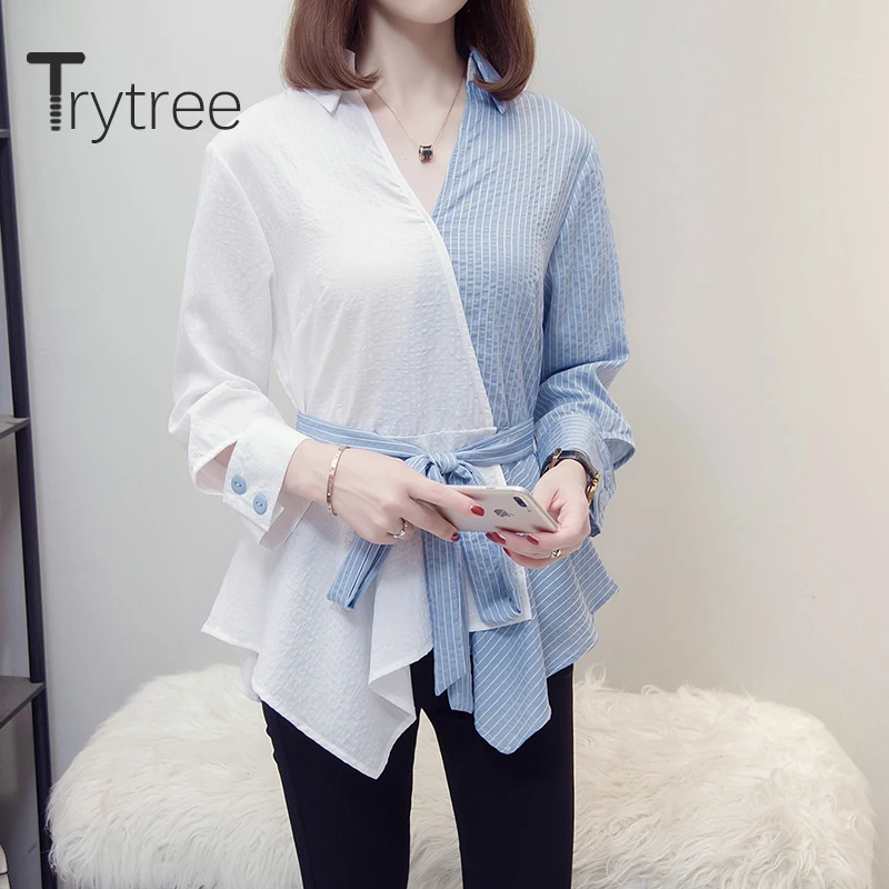 

Trytree 2020 Autumn Woman Casual Blouse V-neck Patchwork Stripe Loose Fashion Belt Elegant Temperament All-Purpose Style Blouse
