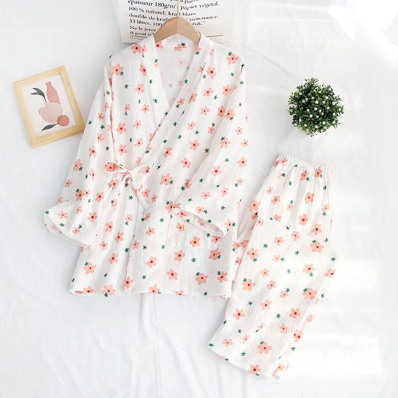 

Spring/ Autumn Pajamas Women Cotton Crepe Little Flower Kimono Half Sleeve Sleepwear Set for Ladies Summer Thin Comfy Homewear