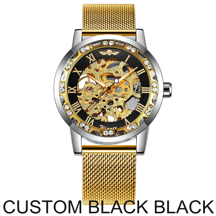 CUSTOM BLACK BLACK WINNER официальный Скелет механические часы для мужчин Золотой сетчатый ремешок Кристалл Iced Out мужские s часы Лидирующий бренд Роскошные Аналоговые наручные часы - Цвет: CUSTOM BLACK BLACK