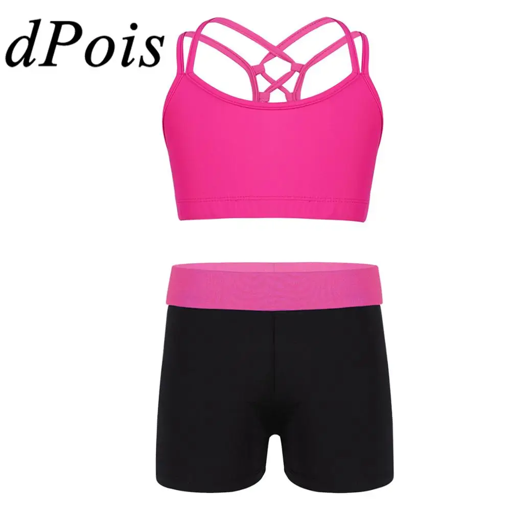 

Kids Girls Ballet Gymnastic Suit Spaghetti Straps Criss Cross Back Tanks Bra Tops Crop Top Children Gym Sports Sets Dancewear