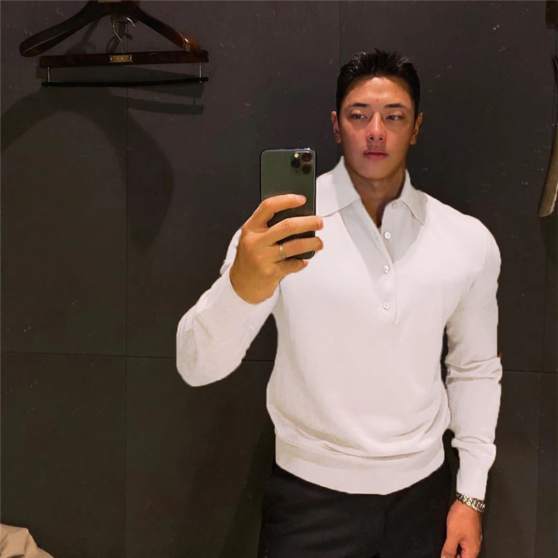 Рубашка-поло мужская стрейчевая хлопок с длинным рукавом дышащая модная деловая