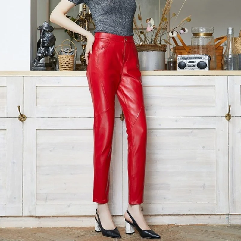 

Lady Office Real Leather Sheepskin Pants Spring Autumn Streetwear High Waist Slim Pencil Pants Luxury Casual Trousers Female