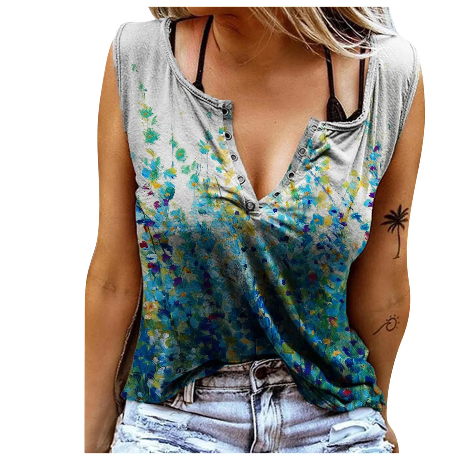 

Summer Women's V-neck Printed T-shirt Fashion Ladies Streetwear Top Casual Loose Sleeveless T-shirt Oversized Women's T-shirt