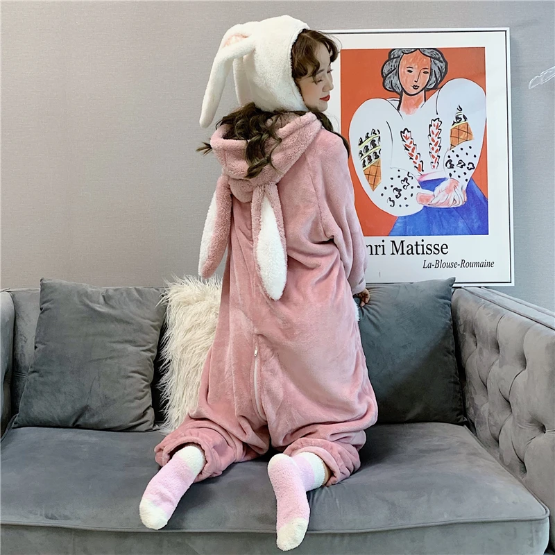 

Sweety Girly Tracksuit Kawaii Cartoon Rabbit Ear Hooded Soft Full Sleeve Fleece Zipper Rompers Pajamas Suit Home Piece Pajamas