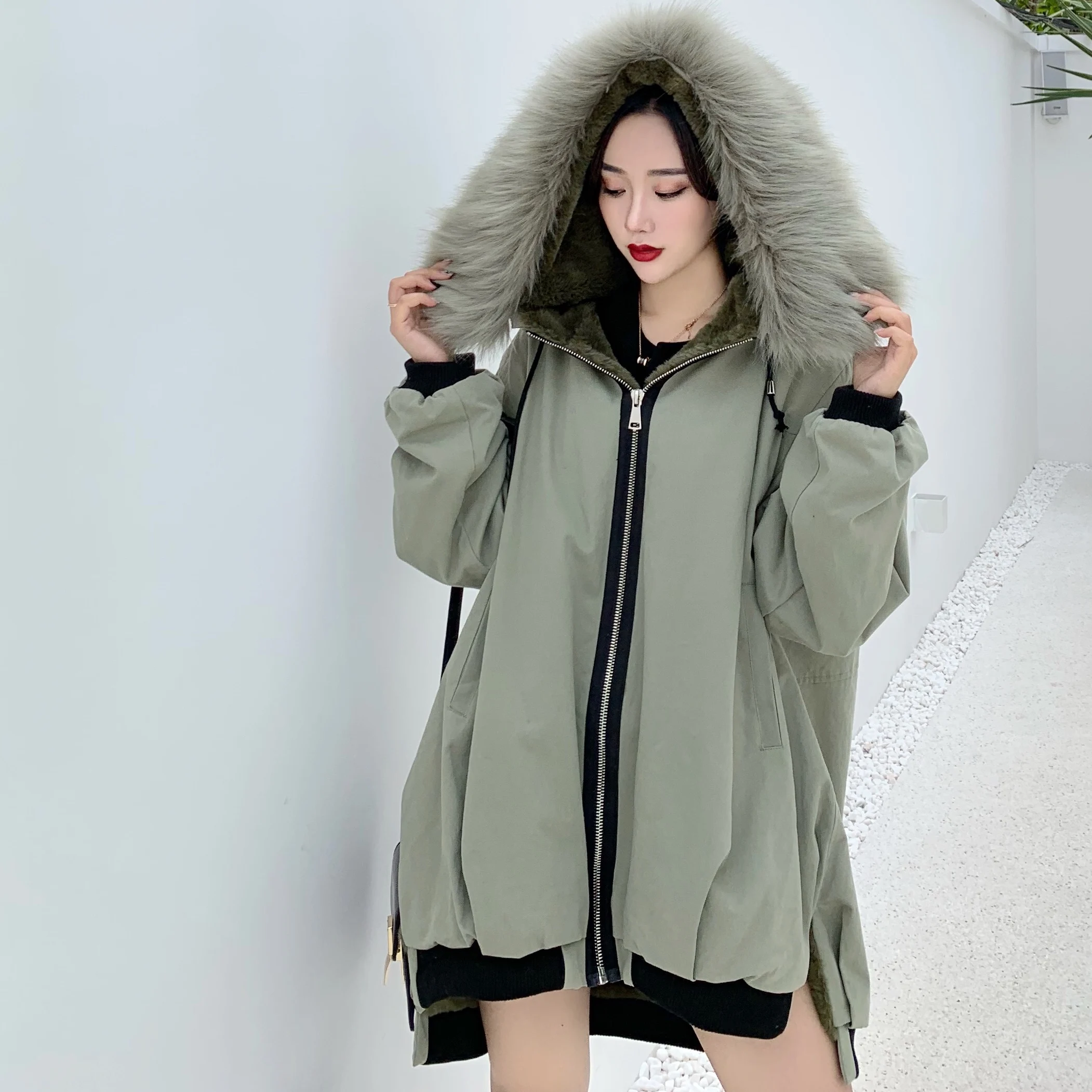 Real Photo 2020 winter new big fur collar loose cotton jacket warm fleece hooded mid-length casual cotton parkas