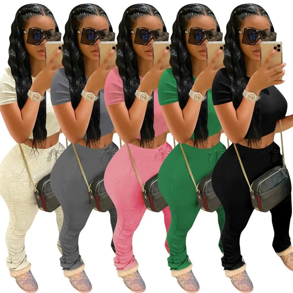 Tracksuits Women Two Piece Set Short Sleeve Shirt Crop Top + Flare Pants Casual Stacked Joggers Bell Bottom Matching Suits |