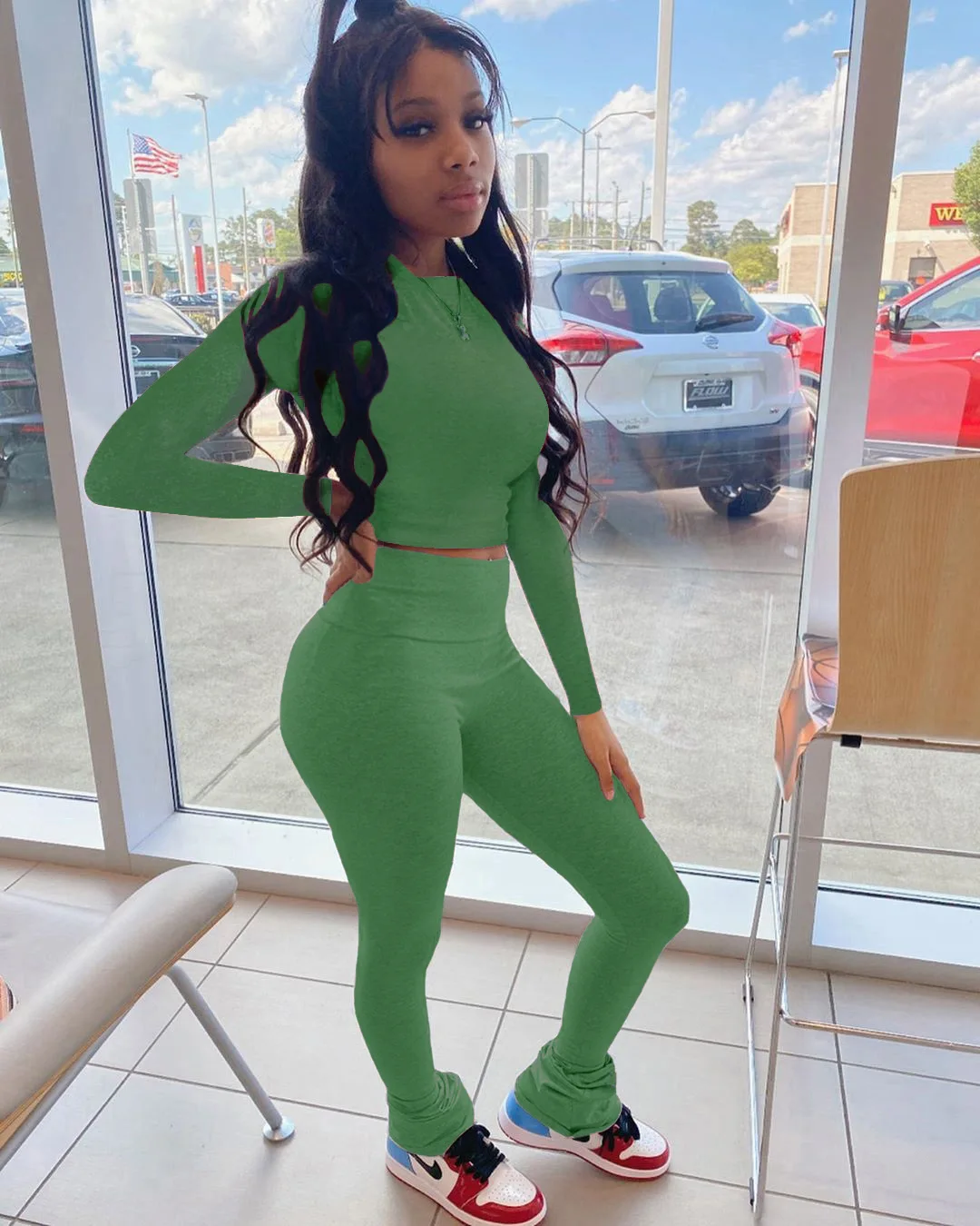 

Women's Round Collar High Waist Tracksuit Casual Long Sleeve Top Long Pants Tight Solid Color Two-pieces Set