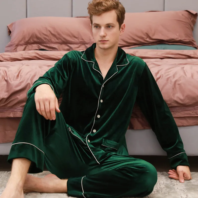 Mens Pajamas Set Winter Flannel  Thick Warm Sleepwear Turn-down Collar Button Elastic Waist Men Nightwear Home Clothes Pijamas