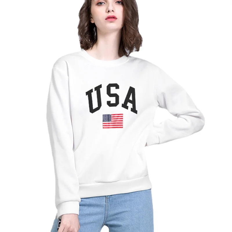 

Winter Fashion Woman T-shirt USA Letter Printed Long Sleeve O-neck Casual Loose Tops Warm Clothes