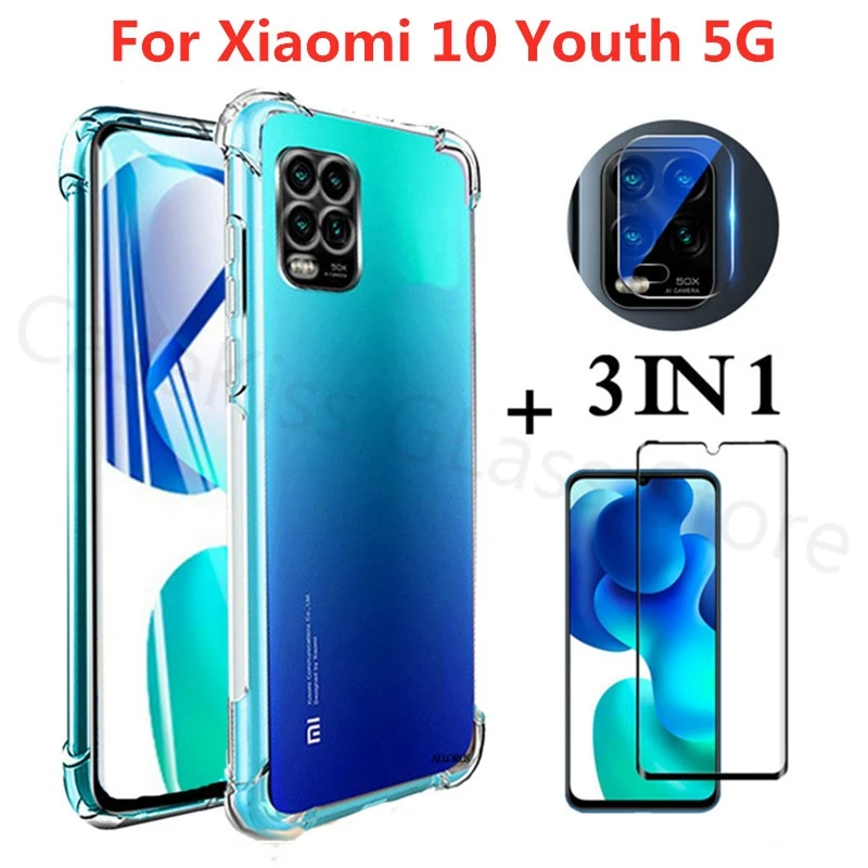 3 in 1capa стекло + подушка безопасности Чехол для xiaomi mi 10 youth 5G мягкий прозрачный