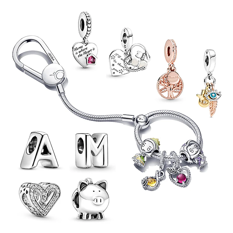 

Hot Sale Jewelry Women Fit Original Pandora Keychain Beadeds DIY Charms 925 Sterling Silver English Letters Fashion Accessories