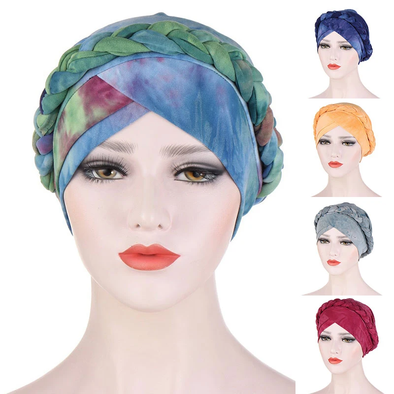 

Women Muslim Hat Turban Tie-Dyed Sleep Hat Elegant Braid Night Cap Hats Casual Stretch Headband Female Headscarf Lady Beanie