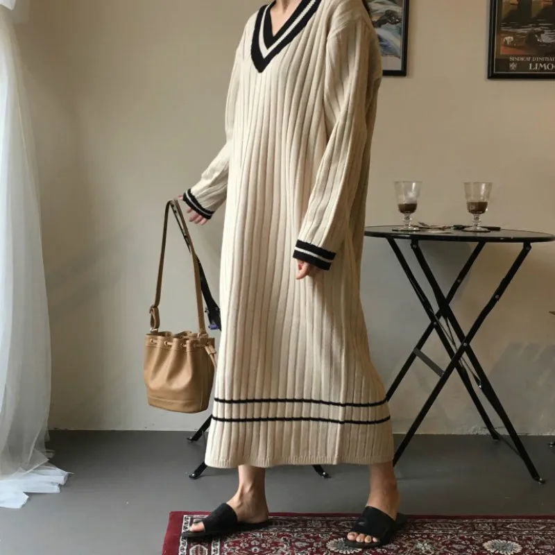 Women Autumn Winter Long Sweater Dress V Neck Patckwork Straight Vestidos Vintage Robe Pull Femme Sukienki Jurken Ropa Mujer | Женская