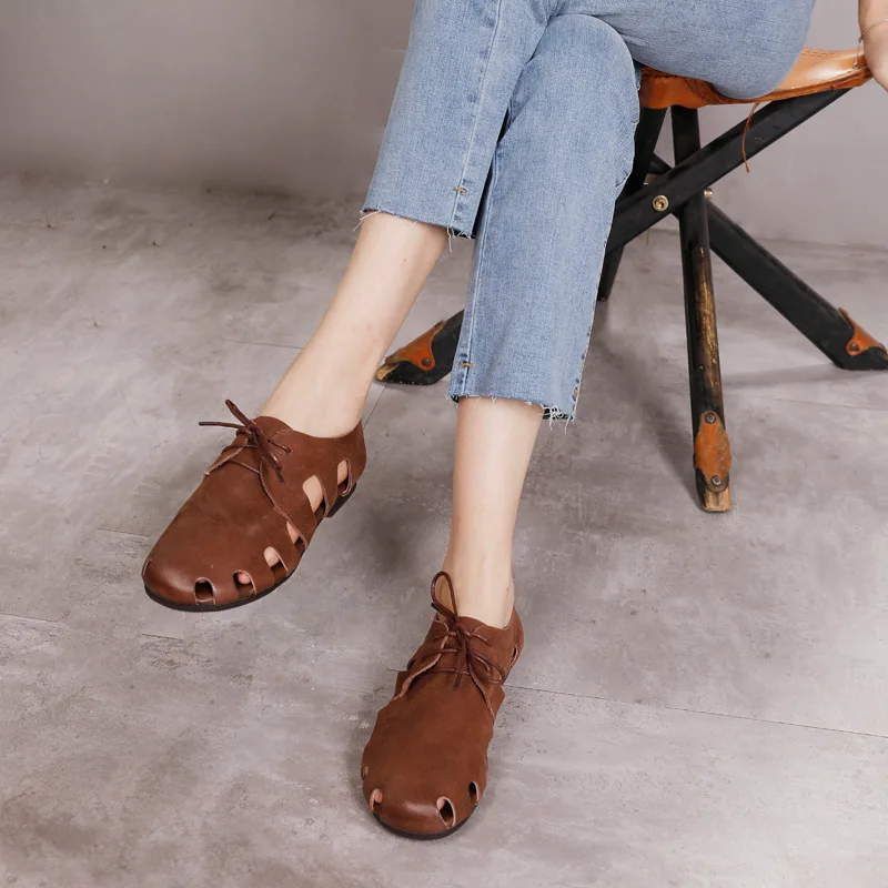 

2021 summer new arrivals retro leather round toe solid color lace-up ladies casual beach shoes