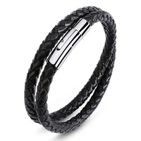 fashion double layer braided leather wrap bracelet men women jewelry leather bangles stainless steel casual wrist band gift p623