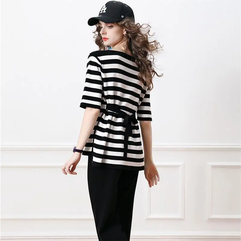 

Women Knitted Pants Sets Fashion Summer Thin Striped Black White Lace Up Loose Sweaters + Wide Leg Trousers Set Female 2 Pcs Set