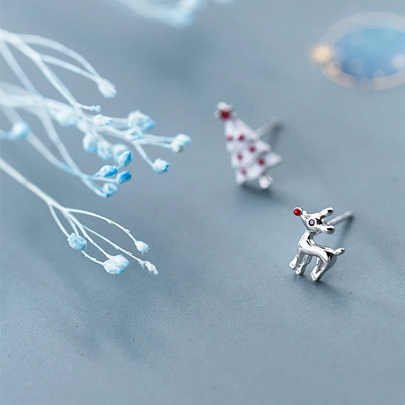 Real 925 Sterling Silver Cute Deer Christmas tree Jewelry Women Asymmetry Stud Earrings Fashion Girl Gifts | Украшения и
