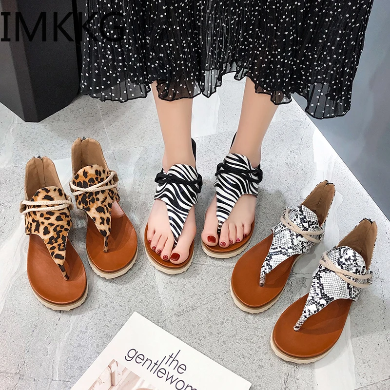 Сандалии женские с леопардовым принтом пляжная обувь кожаные