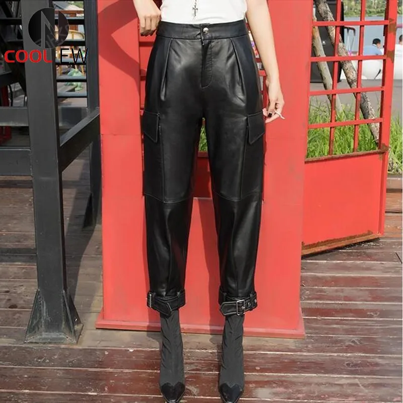 

Personality Spring Autumn Sheepskin Ankle Length Harem Pants Punk Pockets Slim Genuine Leather Streetwear Trousers Plus Size