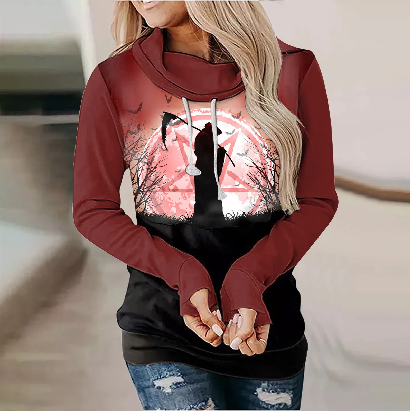 

Худи в стиле Харадзюку, свитшот с длинным рукавом, женские пуловеры с длинными рукавами-фонариками на Хэллоуин, Модный зимний теплый худи в ...