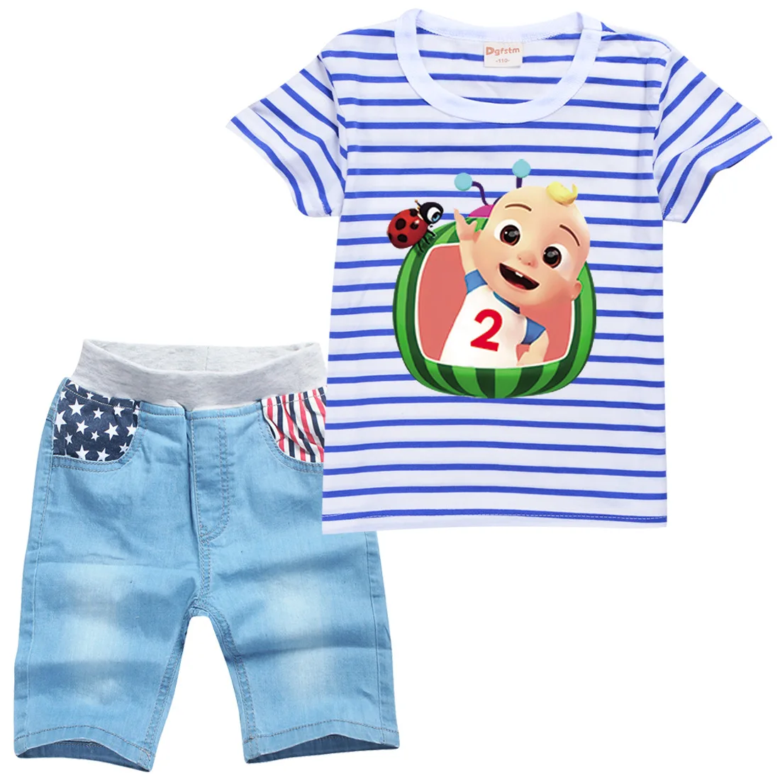 

Kids Cocomelon JJ Children Clothing Girls Stripe Short-sleeved T-shirts + Denim Shorts 2pcs Sets Baby Boys Summer Causal Clothes