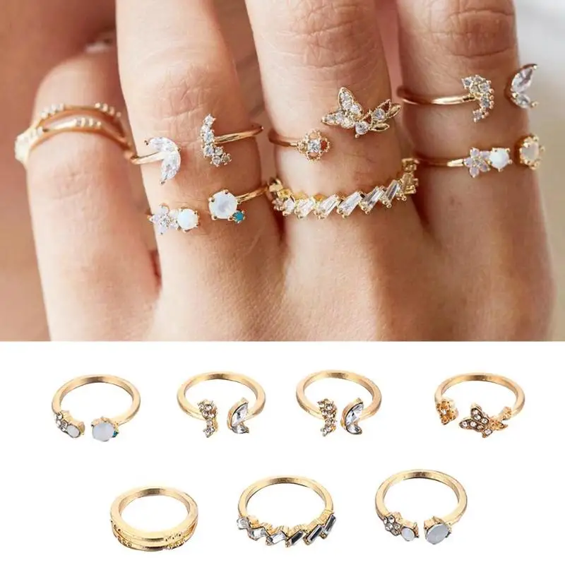 7 шт./компл. стразы бабочка цветок кольцо для женщин Открытый костяшки кольца