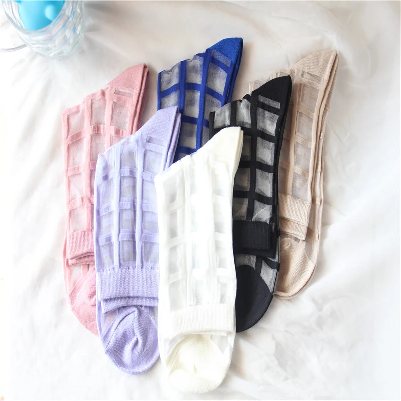 

Summer Transparent Lace Socks Woman Girls Chic Grid Glass Crystal refreshing Mesh Knit Silk Socks Plaid Print Amusing Socks