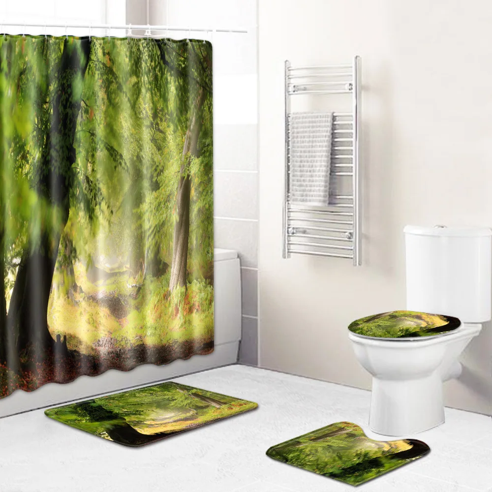 

Decoration Shower Curtain Waterproof Entrance Doormat Bathroom For Bath Anti-Slip Rug Home 4Pcs Set Toilet Seat Cover Floor Mat